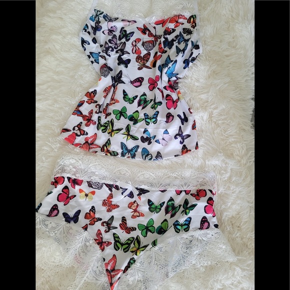 Strap Lace Pajama Set Sleeveless heart print butterfly print Pyjamas Sleep Short - Picture 2 of 3